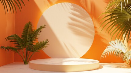 A mockup of round podium with orange background with palm leaves. Generated by artificial intelligence.