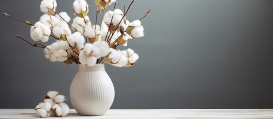 Fluffy cotton flowers in white vase on light wooden surface against grey background. Interior floral arrangement.