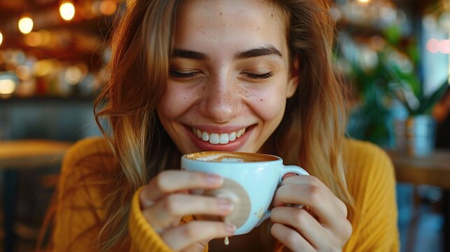 Close-up of a happy young woman enjoying a cappuccino in a coffee shop; Aromatic and cheerful delight for coffee, real photo, stock photography ai generative high quality images