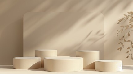 Background with minimal podium scene for product presentations in beige colors. Contemporary podium stage for e-comerse. Generated by artificial intelligence.