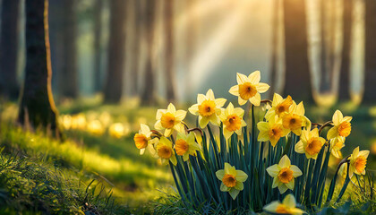 Obraz premium Tufts of yellow daffodils flowers with orange crenellated cylindrical crown in a grove with a foggy and bright background (Illustration AI) 