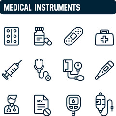 Doctor icons. Medical instruments vector set. Outline icon design. Health and Medicine.