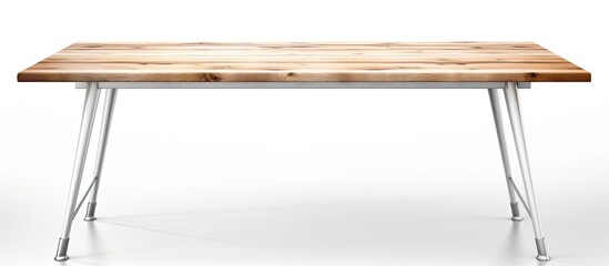 A rectangle wooden table with metal legs on a white background. The fixture is made of hardwood...
