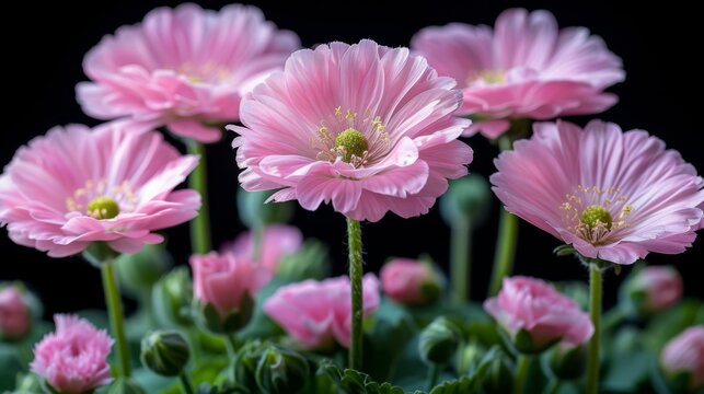  a bunch of pink flowers that are blooming in a vase with green leaves in front of a black background.