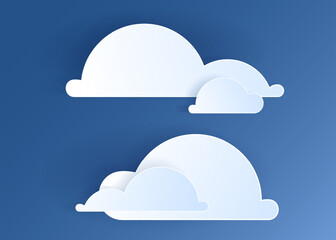 Paper cut clouds set on blue sky background. Forecast white cloud icon symbol collection. 3D Papercraft frame icon for posters and flyers, presentation, web, social media, design, banner and sticker.
