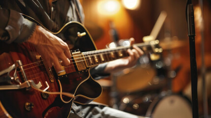 Fototapeta premium A close-up of a musician's hands expertly navigating the fretboard of an electric guitar on stage