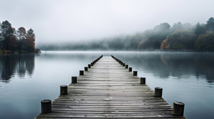 Wooden pier and misty lake in scenic view - obrazy, fototapety, plakaty