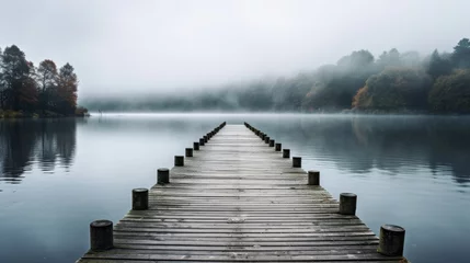 Foto op Plexiglas Wooden pier and misty lake in scenic view © stocksbyrs