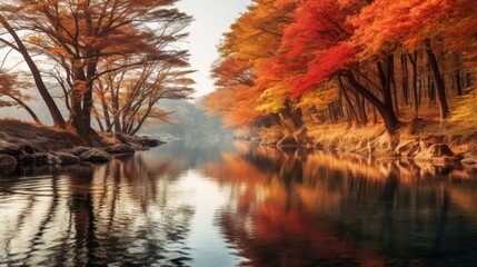 Serene river reflecting autumn foliage and sky