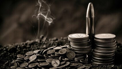 Bullet behind smoking fantasy coins symbolizes that some businesses are conducted using violence. - obrazy, fototapety, plakaty