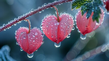  a close up of three hearts hanging from a tree branch with drops of water on the drops of water on the leaves. - obrazy, fototapety, plakaty