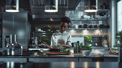 Chef Perfecting Culinary Art in Kitchen, African American chef attentively garnishes a dish in a modern kitchen, showcasing the art of cooking with a focus on fresh ingredients and precision - obrazy, fototapety, plakaty