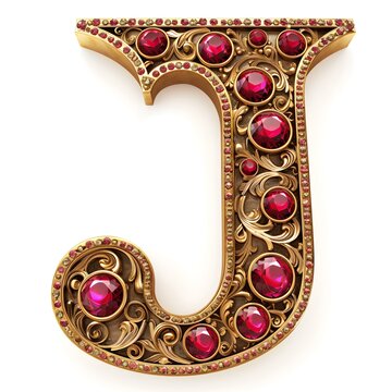Golden letter J embellished with red gems on a white background
