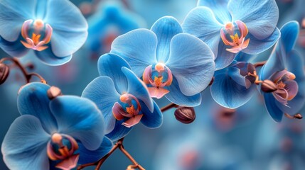  a close up of a blue flower on a branch with other flowers in the back ground and a blurry background.