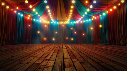 Vintage Circus Stage with Colorful Lights, nostalgic circus stage bathed in the warm glow of...