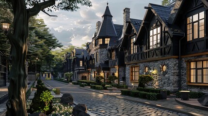 Enchanting stone townhomes: A modern twist on medieval elegance, nestled in nature's embrace. - obrazy, fototapety, plakaty