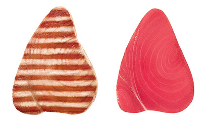 Tuna fish steak fresh and grilled isolated on white background. Top view. Flat lay