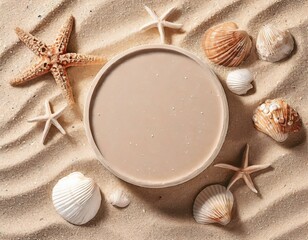 Fototapeta na wymiar Empty beige round platform podium for cosmetics or products presentation, sea shells and starfish on natural beige beach sand background. Top view