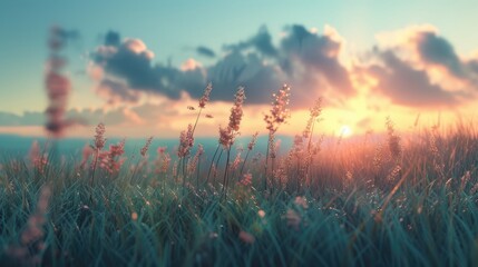Pastel Sunrise Over Dewy Meadow, tranquil scene as the morning sun casts a warm glow over a dewy meadow, illuminating delicate wildflowers and soft grasses - obrazy, fototapety, plakaty