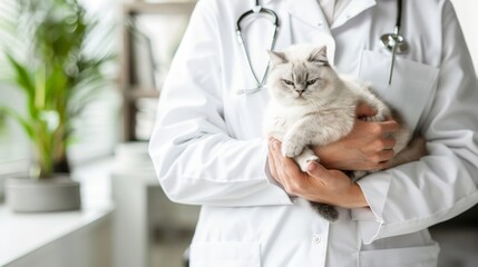 Male vet holding cat in clinical setting with copy space, blurred white interior background.