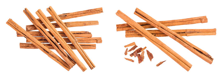 Cinnamon sticks isolated on white background with full depth of field. Top view. Flat lay.