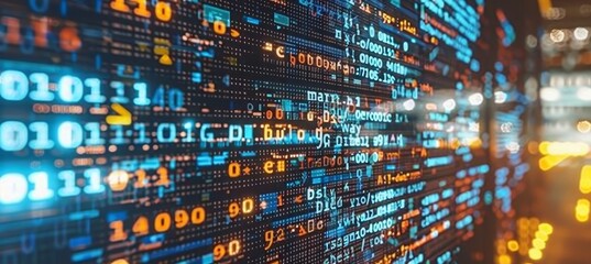 Digital interface with pixelated data stream, glowing binary code, and encryption concept