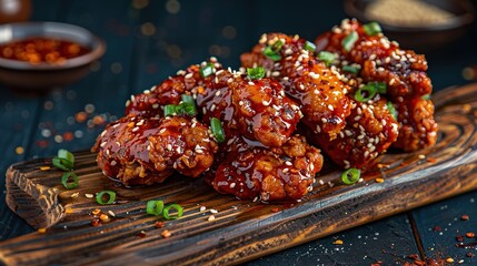 gastronomic picture of a 2 michelin star's spicy korean fried chicken tenders with a lot of CHILI SAUCE and crumbles on a woodtable. Cinematographic, dark blue background - obrazy, fototapety, plakaty