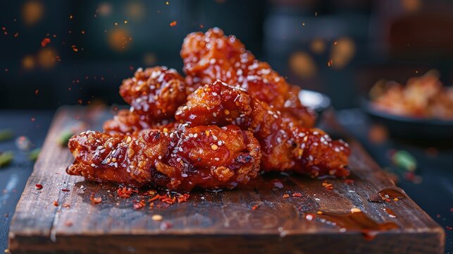 gastronomic picture of a 2 michelin star's spicy korean fried chicken tenders with a lot of CHILI SAUCE and crumbles on a woodtable. Cinematographic, dark blue background