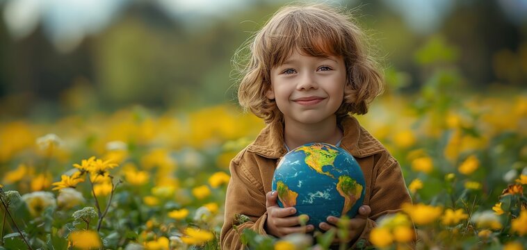young boy holding earth globe with yellow wildflower field as background, environmental preservation and world exploration theme concept, Generative Ai