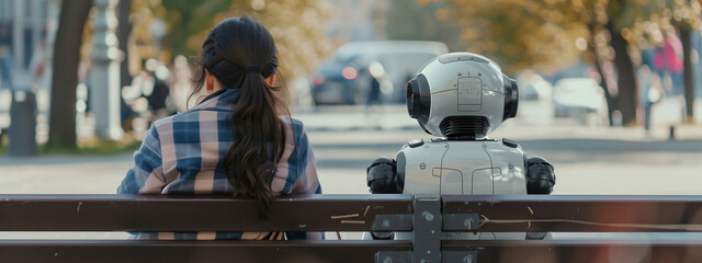 Blend of humanity and artificial intelligence, intimate moment of a woman and an AI robot sitting side by side on a bench. - 758239508
