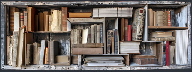 Old weathered bookshelf filled with worn vintage books. - 758239536
