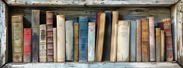 Old weathered bookshelf filled with worn vintage books. - 758239575