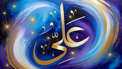 Ali in Beautiful Stellar Elegance, Arabic Name, Modern Islamic Calligraphy Ai Generative Art - obrazy, fototapety, plakaty