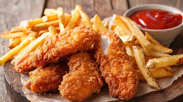Crispy fried chicken tenders and french fries on wooden table