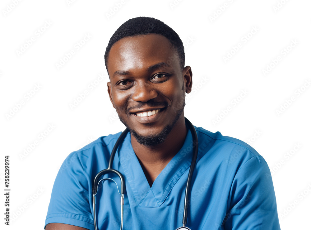 Wall mural Portrait with copy space of cheerful joyful african doc in lab coat and stethoscope on his neck, isolated on transparent background