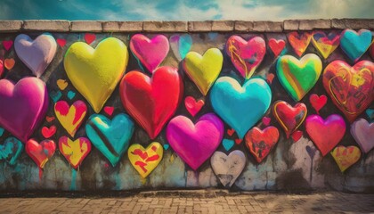 Colorful hearts as graffiti love symbol on wall 
