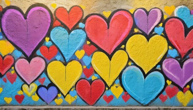 Colorful hearts as graffiti love symbol on wall 