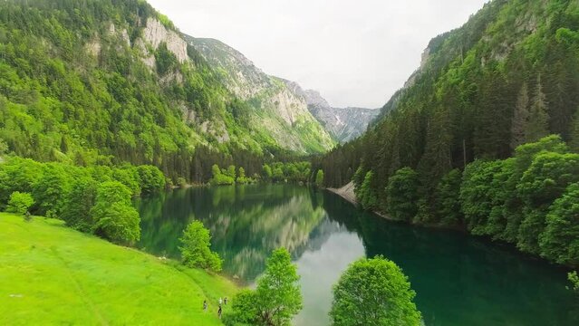 Drone footage of a very beautiful lake in the mountains