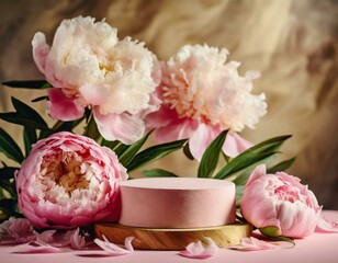  background for product advertising. Empty pastel pink podium platform stand for beauty product presentation and beautiful peonies flowers