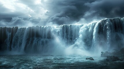 A dramatic waterfall scene with a stormy sky overhead, and the water crashing against the rocks...