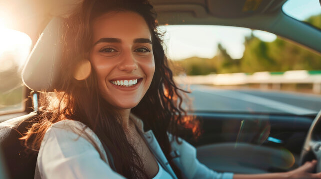 Portrait of a girl driving a car on a sunny day on the road.
