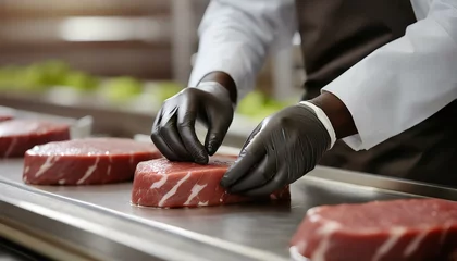 Fotobehang  Meat or steak production line with hands of a worker wearing latex protective gloves © Marko