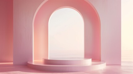 Fototapeta premium A pink minimalistic podium with arch in the background. Pastel pink colors, soft lighting, simple shapes, digital art. Generated by artificial intelligence.