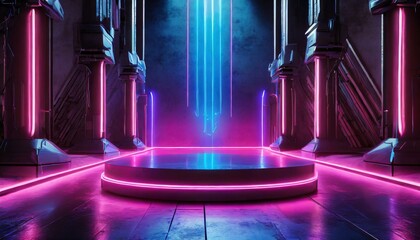 Metal lighting neon podium cyberpunk unreal city pink blue neon lasers stage product display...