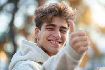 young man grinning proudly and giving a thumbs up. Generative AI