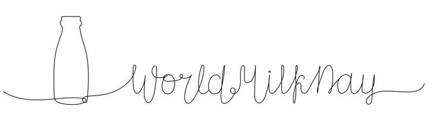 One continuous line drawing of bottle and hand drawn lettering on World Milk Day. Healthy organic drink concept. Minimalist outline banner