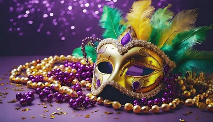 Mardi Gras carnival mask and beads on purple background 