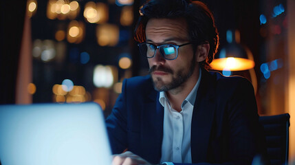 Businessman sitting in office, work on laptop on analyzing, analytic.