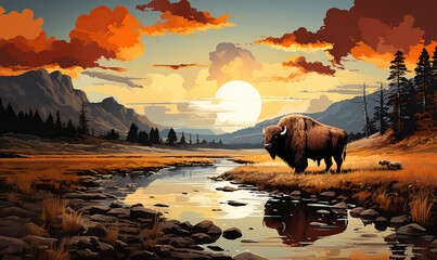 Natural autumn landscape, bison grazing by the river. - obrazy, fototapety, plakaty