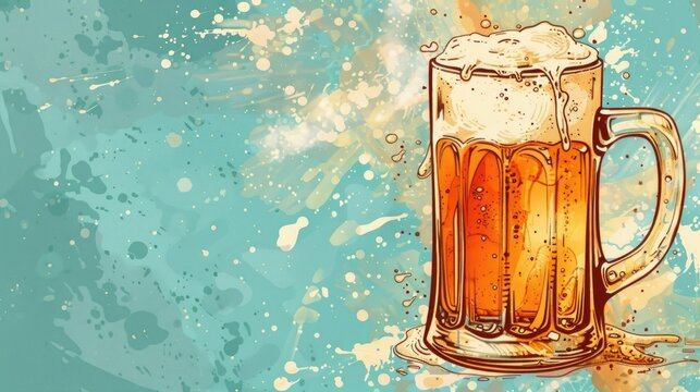 watercolor illustration, National beer day, foam beer mug, blue background, vintage style, copy space, place for text